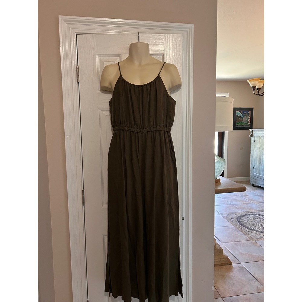 Haute Hippie Style Linen Jumpsuit Olive Brown Wide Leg Pocket NWT Large